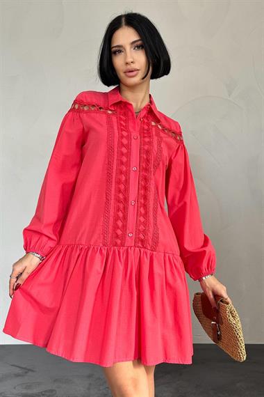 Toptan Kırmızı Dantelli Gömlek Elbise