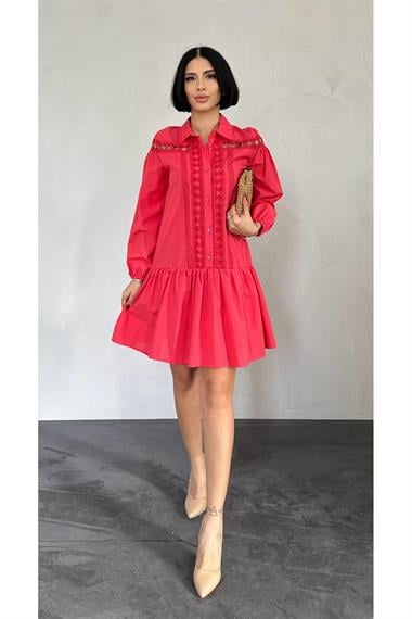 Toptan Kırmızı Dantelli Gömlek Elbise