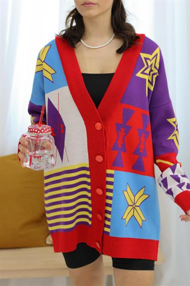 Wholesale Red Patterned Knitwear Cardigan