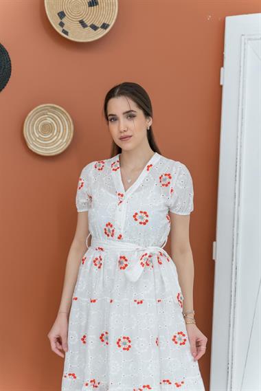 Toptan Kırmızı Desenli Uzun Fisto Elbise