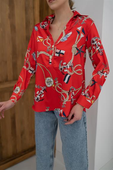 Toptan Kırmızı Desenli V Yaka Düğme Detaylı Gömlek