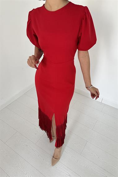 Toptan Kırmızı Eteği Püsküllü Elbise