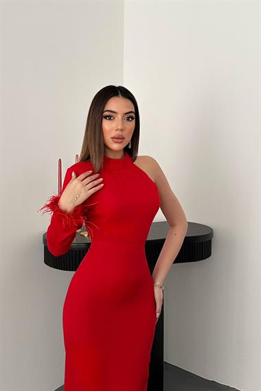 Toptan Kırmızı Eteği Tüllü Tek Kol Elbise