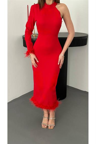 Toptan Kırmızı Eteği Tüllü Tek Kol Elbise