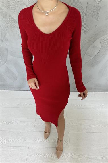 Toptan Kırmızı Eteği Yırtmaçlı Triko Elbise