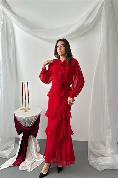 Toptan Kırmızı Fırfırlı Şifon Takım