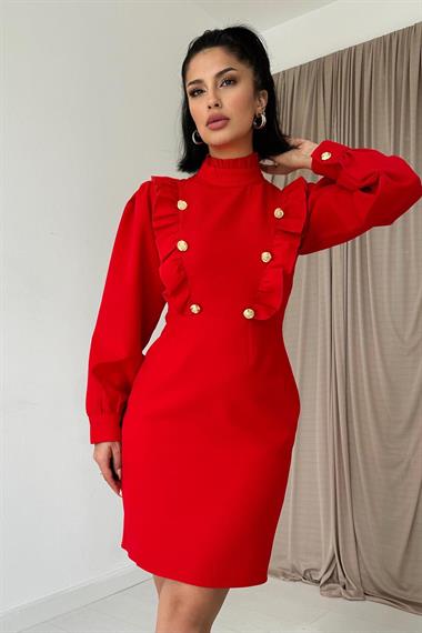 Toptan Kırmızı Gold Düğmeli Elbise