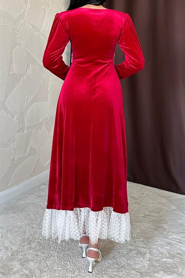 Toptan Kırmızı İnci Aksesuarlı Kadife Elbise