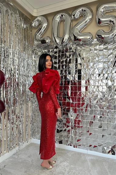 Toptan Kırmızı Kabarık Kollu Önü Dekolteli Elbise