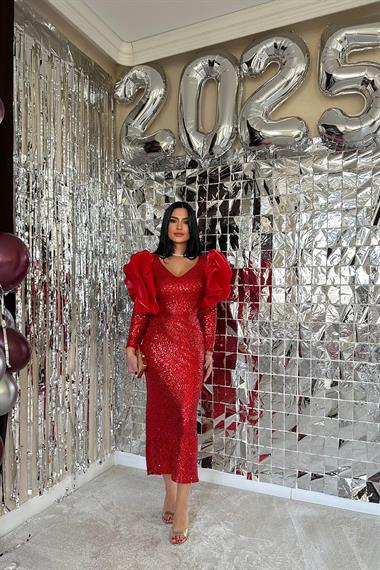 Toptan Kırmızı Kabarık Kollu Önü Dekolteli Elbise