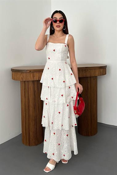 Toptan Kırmızı Kat Kat Arkası Bağlamalı Elbise