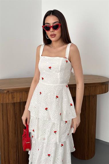 Toptan Kırmızı Kat Kat Arkası Bağlamalı Elbise