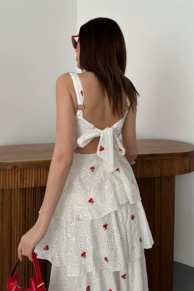 Toptan Kırmızı Kat Kat Arkası Bağlamalı Elbise