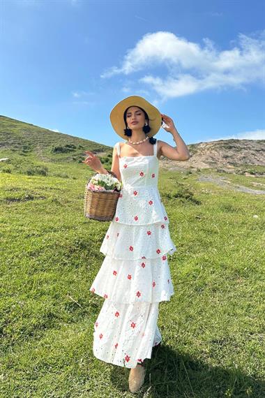 Toptan Kırmızı Kat Kat Arkası Bağlamalı Elbise