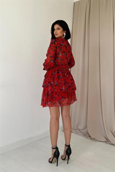 Toptan Kırmızı Kat Kat Şifon Elbise