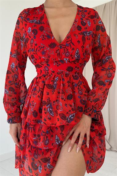 Toptan Kırmızı Kat Kat Şifon Elbise