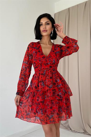 Toptan Kırmızı Kat Kat Şifon Elbise