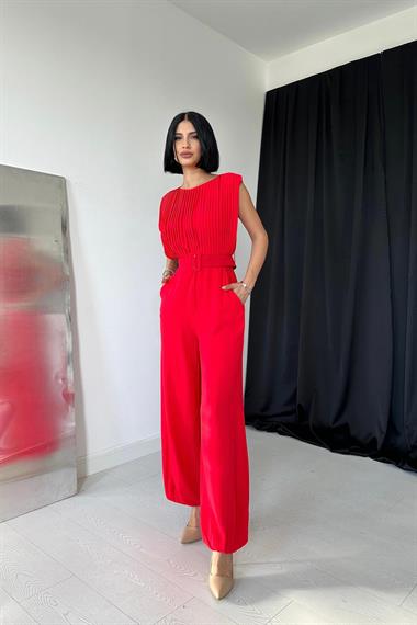 Toptan Kırmızı Kemerli Pileli Tulum