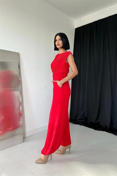 Toptan Kırmızı Kemerli Pileli Tulum