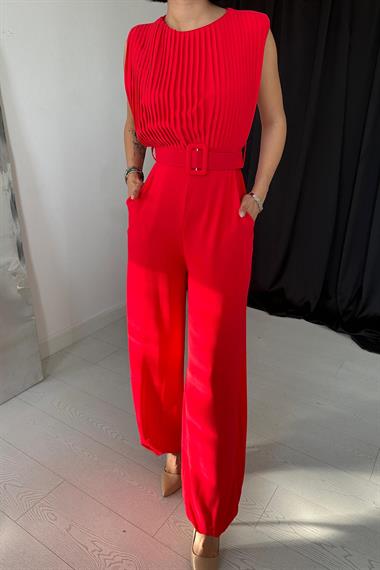 Toptan Kırmızı Kemerli Pileli Tulum