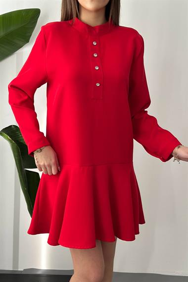 Toptan Kırmızı Klasik Düz Mini Elbise