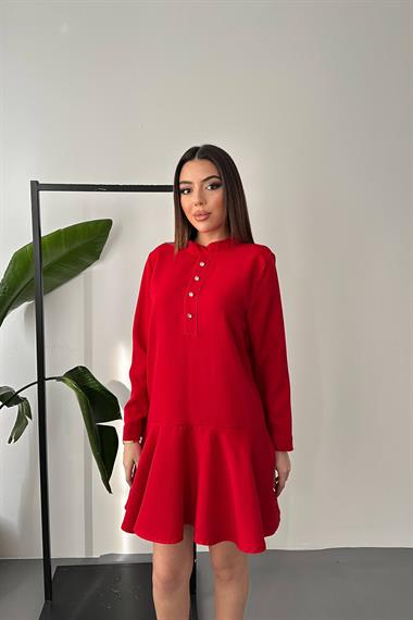Toptan Kırmızı Klasik Düz Mini Elbise