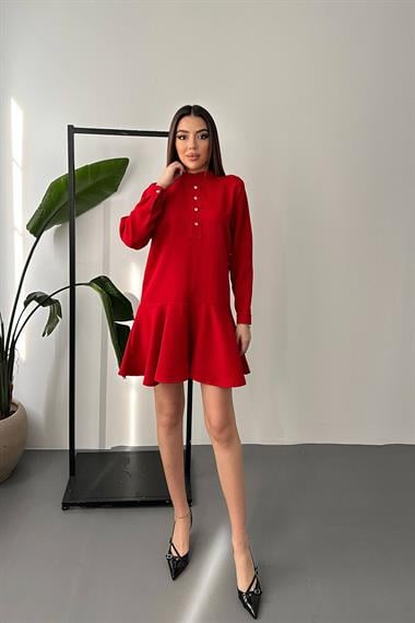 Toptan Kırmızı Klasik Düz Mini Elbise