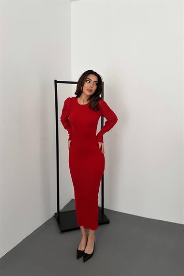 Toptan Kırmızı Kolları Örgülü Triko Elbise