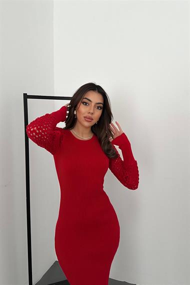 Toptan Kırmızı Kolları Örgülü Triko Elbise