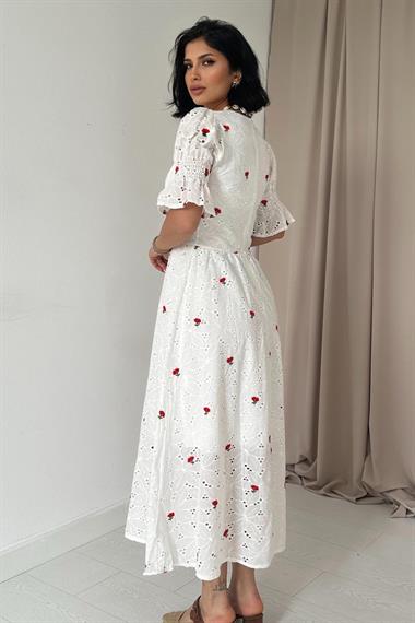 Toptan Kırmızı Kolu Gipeli Brode Elbise