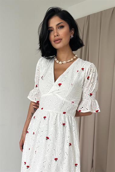 Toptan Kırmızı Kolu Gipeli Brode Elbise