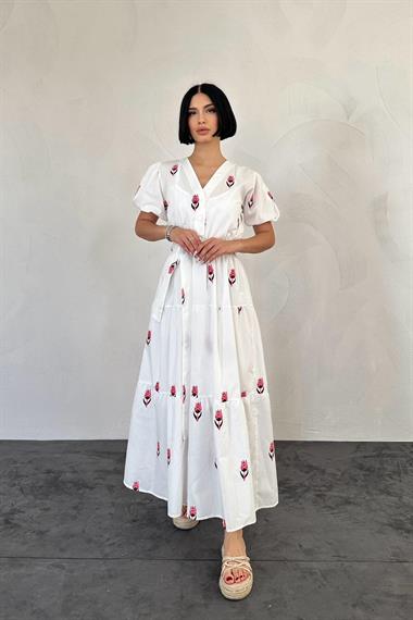 Toptan Kırmızı Lale Nakışlı Elbise