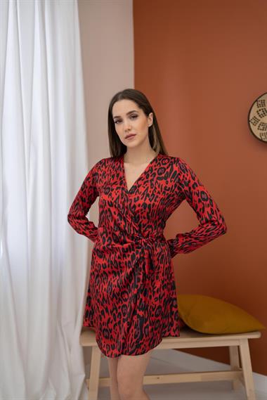 Toptan Kırmızı Leopar Desenli Saten Elbise