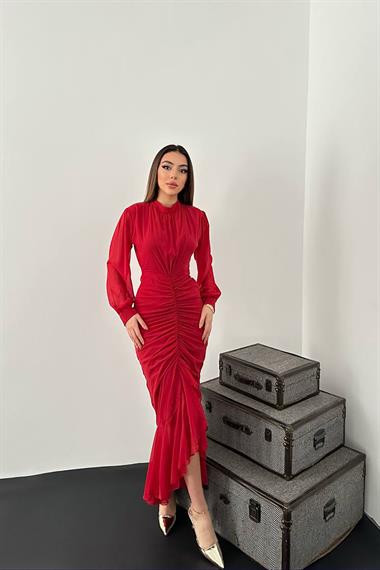 Toptan Kırmızı Önü Büzgülü Şifon Elbise