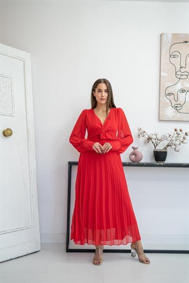 Toptan Kırmızı Piliseli Şifon Elbise