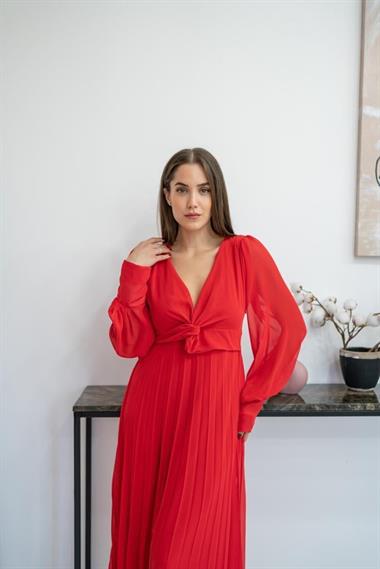 Toptan Kırmızı Piliseli Şifon Elbise