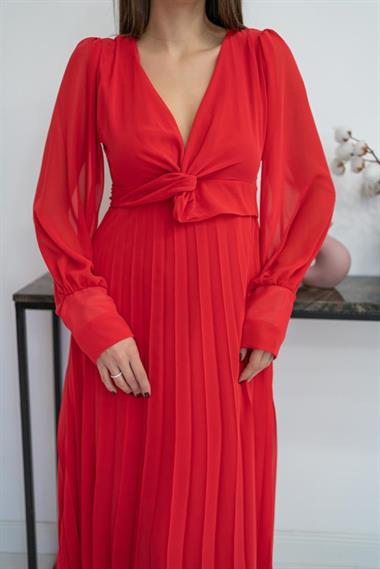 Toptan Kırmızı Piliseli Şifon Elbise