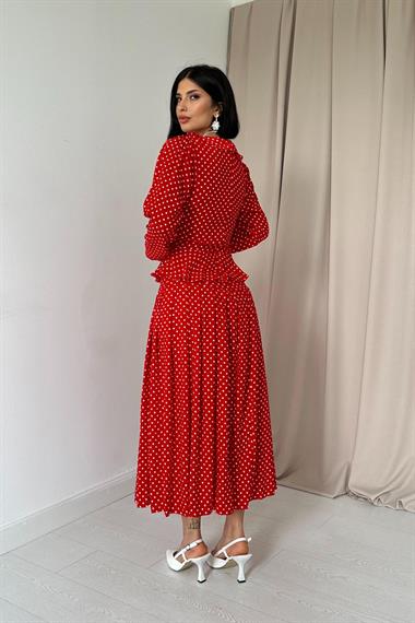 Toptan Kırmızı Puantiye Desenli Volanlı Elbise