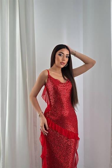 Toptan Kırmızı Pul Payetli Şifon Fırfırlı Elbise