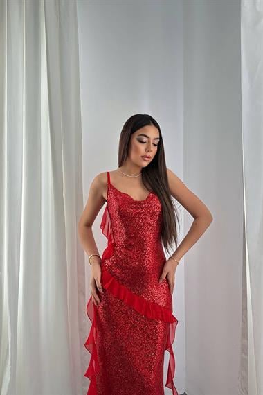 Toptan Kırmızı Pul Payetli Şifon Fırfırlı Elbise