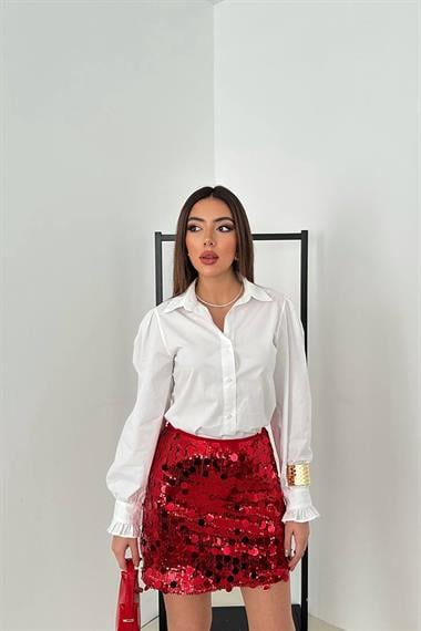 Toptan Kırmızı Pullu Kısa Etek