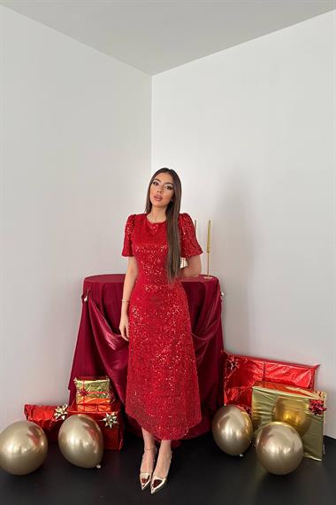 Toptan Kırmızı Pulpayet Elbise