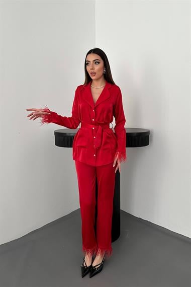 Toptan Kırmızı Püsküllü Saten İkili Takım