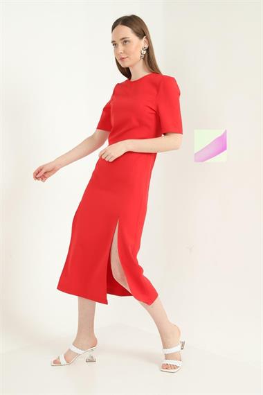 Toptan Kırmızı Sade Yırtmaçlı Elbise