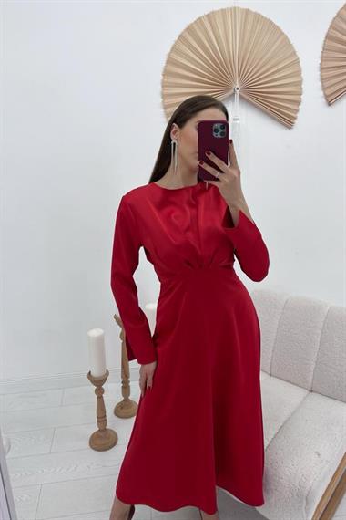 Toptan Kırmızı Saten Uzun Elbise
