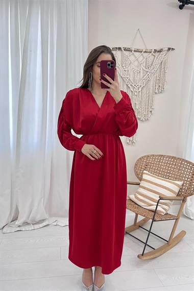 Toptan Kırmızı Saten Uzun Verev Elbise