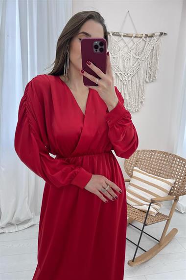 Toptan Kırmızı Saten Uzun Verev Elbise