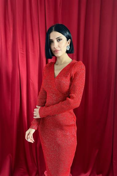 Toptan Kırmızı Simli Triko Elbise