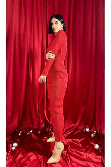 Toptan Kırmızı Simli Triko Elbise