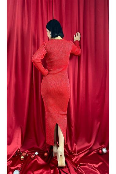 Toptan Kırmızı Simli Triko Elbise
